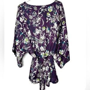 Vintage Old Navy‎ Deep Purple Floral Babydoll Satin Blouse Tie Belt V Neck Y2K